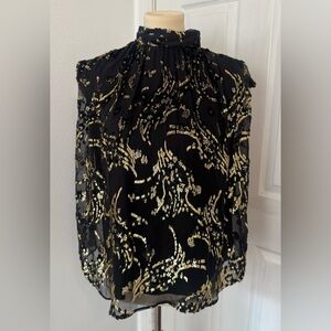 Trina Turk Imogene Silk-Blend Top Gold Tinsel Burnout High Neck Lined Sheer Med